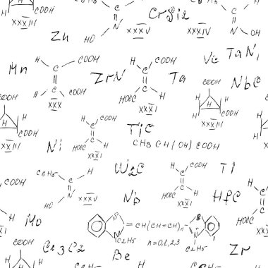 Çeşitli formüller, moleküller, yapılar ve diyagramların el yazısıyla kusursuz bir kimya örneği. Atom geometrisi. Üniversite dersleri. Eski Alchemy olarak bilimsel çalışmalar. Vektör.
