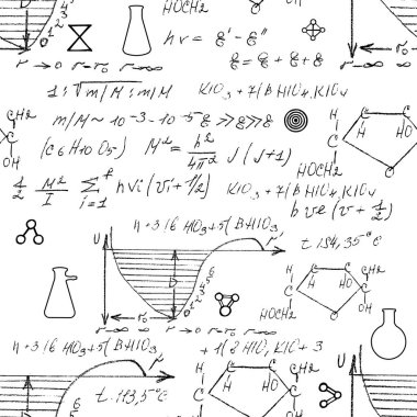 Çeşitli formüller, moleküller, yapılar ve diyagramların el yazısıyla kusursuz bir kimya örneği. Atom geometrisi. Üniversite dersleri. Eski Alchemy olarak bilimsel çalışmalar. Vektör.