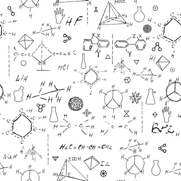 Nahtlos Endloser Musterhintergrund Mit Handschriftlichen Chemischen Formeln Chemischen Beziehungen Oder — Stockvektor