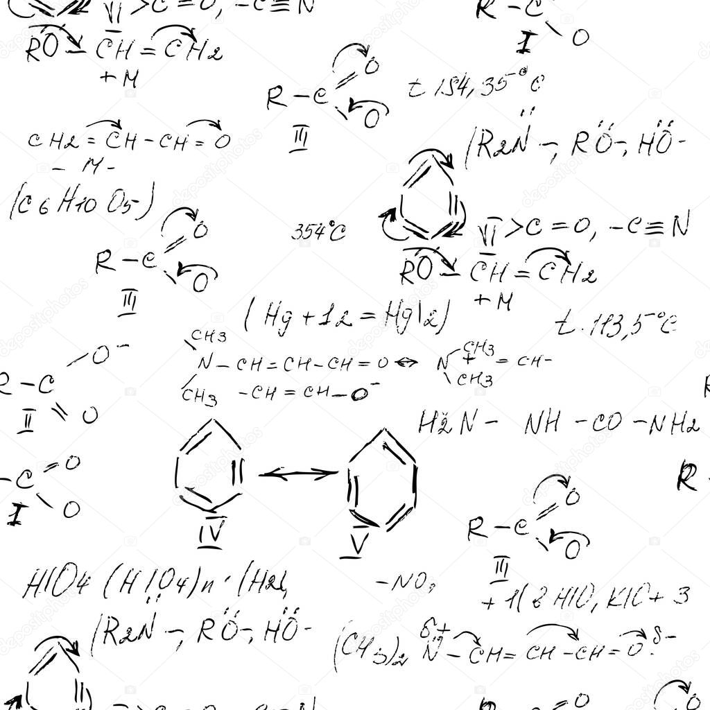 Chemistry seamless pattern with handwriting of various formulas and molecules structures and diagrams. Atom geometry. College lectures. Scientific study as former Alchemy. Vector.