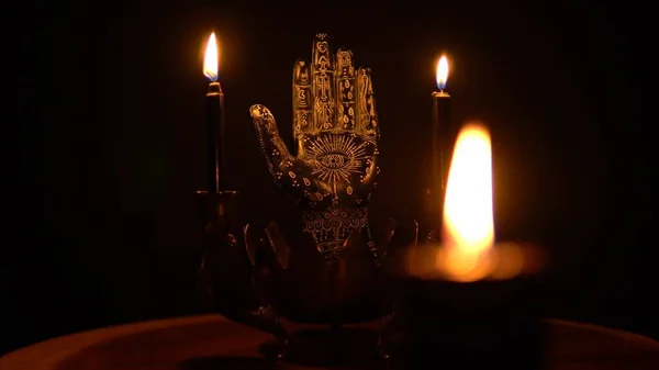 Mano Adivino Quiromancia Mesa Brujas Palmistry Con Palma Negra Velas — Foto de Stock