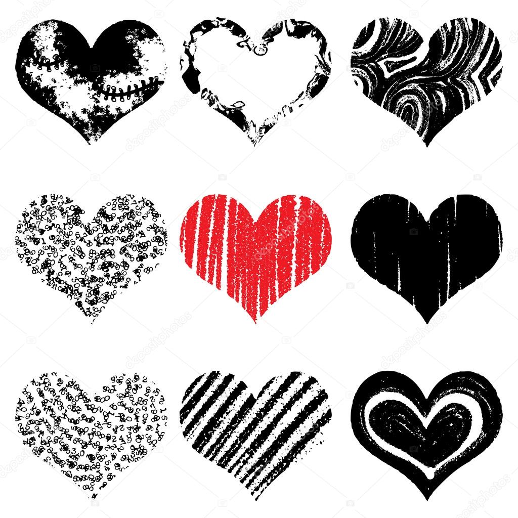 Insieme dei cuori disegnati a mano Colore rosso e nero Illustrazione di vettore — Vettoriali di goldenshrimp