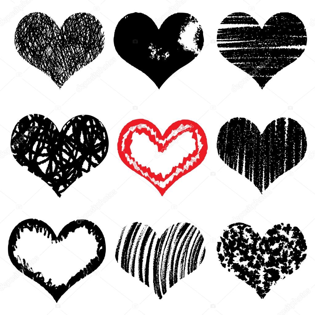 Insieme dei cuori disegnati a mano Colore rosso e nero Illustrazione di vettore — Vettoriali di goldenshrimp