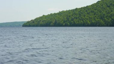 Kır evindeki göl suyunun üzerindeki orman manzarası güneşli bir yaz gününde vahşi doğada huzurlu bir manzara. Sakin göl mavi gökyüzü, sakin Hastings Highlands, Bancroft, Ontario, Kanada.