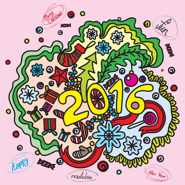 2016 jaar hand belettering en doodles elementen achtergrond in kleur. Hand tekening Merry Christmas en resolutie schets vectorillustratie. — Stockvector