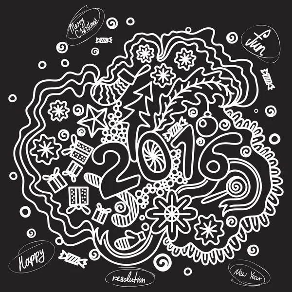 2016 lettering mão ano e doodles elementos de fundo. Desenho à mão Feliz Natal esboço ilustração vetorial . —  Vetores de Stock