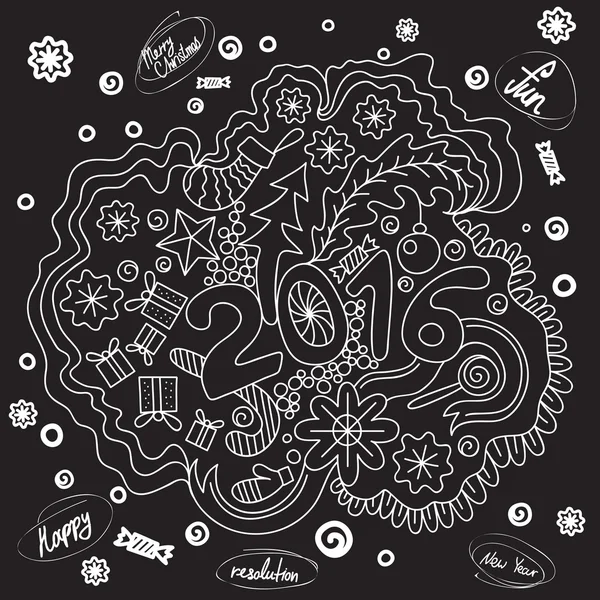 2016 jaar hand belettering en doodles elementen achtergrond. Hand tekenen Merry Christmas schets vectorillustratie. — Stockvector