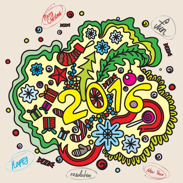 2016 lettering mão ano e doodles elementos de fundo na cor. Desenho à mão Feliz Natal e resolução esboço ilustração vetorial . —  Vetores de Stock