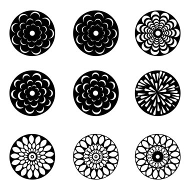 Black and white vector flowers set with nine different logo and icon designs of spring and summer flowers