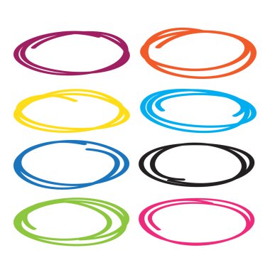 Series of red, yellow, blue, brown, green  highlight pen circle, hand draw circles set in various colors. clipart