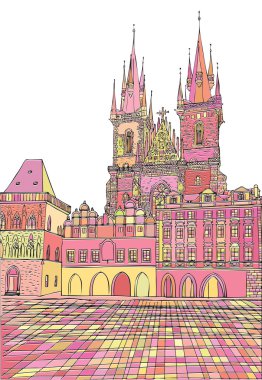 Prague town, Czech Republic. Church of Mother of God before Tyn, Old Town Square in European city, black & white vector sketch hand drawn collection. Famous, tourists & travel, popular historic city attraction, street and routes. Tourism concept.