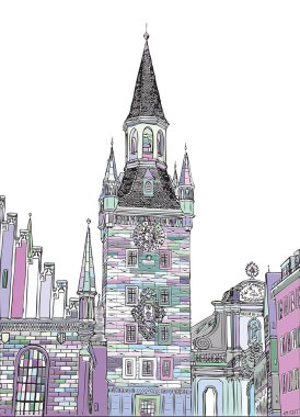 Old Town Hall, Munich, Bavaria, Germany, European city, vector sketch hand drawn collection. Famous, tourists & travel, popular historic city attraction, street and routes. Tourism concept.