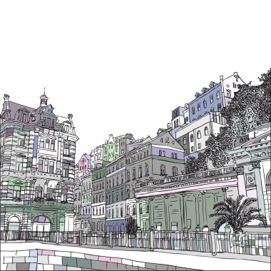 The Mill Colonnade with hotel, the biggest colonnade in Karlovy Vary, Czech Republic. Vector sketch hand drawn collection, Is one of the traditional symbols of the town, containing several hot springs. Tourists & travel, popular routes.