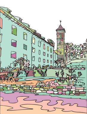 Konigstein Fortress church, Saxon Switzerland, Germany, European city, vector sketch hand drawn collection, drawing, scribble. Famous, tourists & travel, popular historic city attraction, routes. Tourism concept.