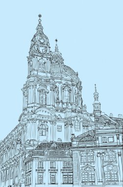 Prague, Czech Republic. St. Nicholas Church Old Town Square in European city, black & white vector sketch hand drawn collection. Famous, tourists & travel, popular historic city attraction, street and routes. Tourism concept.