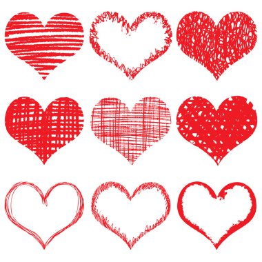 Hand drawn heart shapes, icons in red color for valentines and w