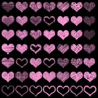 Large vector hearts set for wedding and valentine design. Collection of hand drawn hearts. Red or pink color on black background.