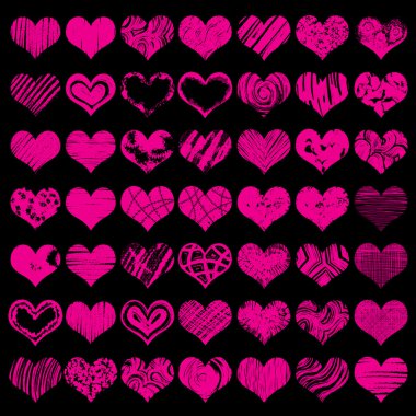 Large vector hearts set for wedding and valentine design. Collection of hand drawn hearts. Red or pink color on black background.