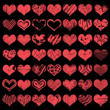 Large hand drawn heart shapes, icons in red color for valentines and wedding. Painted collection of grunge vector hearts wedding. Made of chalk, pencil and watercolour.