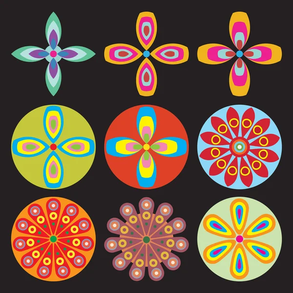 Prydnad runda blomma uppsättning som mandala. Geometriska cirklar blommor vektorelement. Modern, samtida, etniska prydnads blommönster. Orientalisk indiska, kinesiska stil. — Stock vektor
