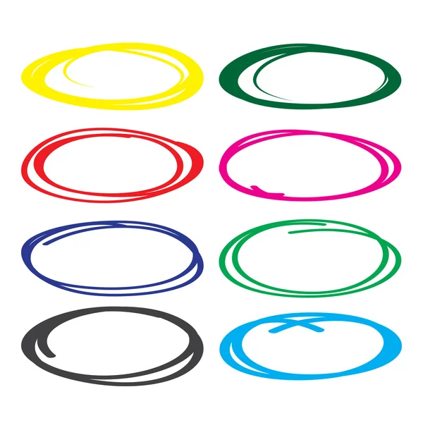 Series of red, yellow, blue, brown, green  highlight pen circle, hand draw circles set in various colors. — Stock Vector