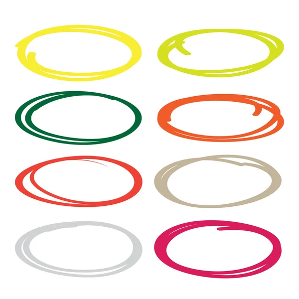 Series of red, yellow, blue, brown, green  highlight pen circle, hand draw circles set in various colors. — Stock Vector