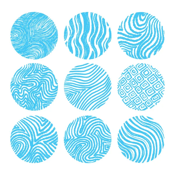 Set of chalked colourful circles. Waves pattern in circle shape. Finger print and abstract pattern in the circular shape. — Stockvector