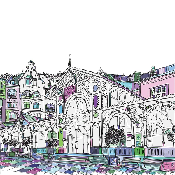 Karlovy Vary, Carlsbad, the famous spa city, Czech Republic, vector sketch hand drawn collection, world known for its mineral springs and resort. Tourists & travel, popular streets and routes. Tourism concept. — ストックベクタ
