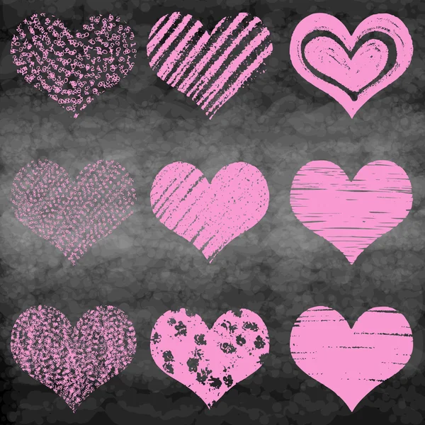 Η κιμωλία τράβηξε την συλλογή από καρδιές. Σετ καρδιάς σε ροζ και κόκκινο χρώμα στην κιμωλία ή στο σχολικό συμβούλιο. — Διανυσματικό Αρχείο