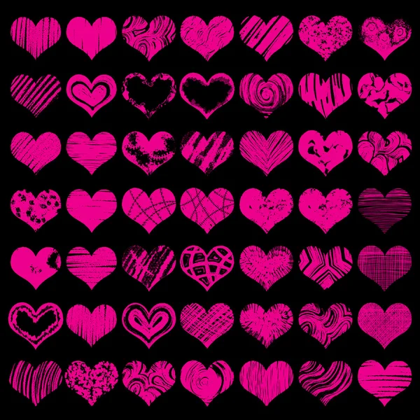 Large vector hearts set for wedding and valentine design. Collection of hand drawn hearts. Red or pink color on black background. — ストックベクタ