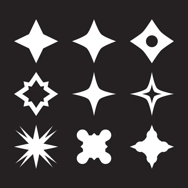 Chispas y símbolos de estallidos estelares. Lente o bengala de vidrio. Estrellas planas brillo, logo . — Archivo Imágenes Vectoriales
