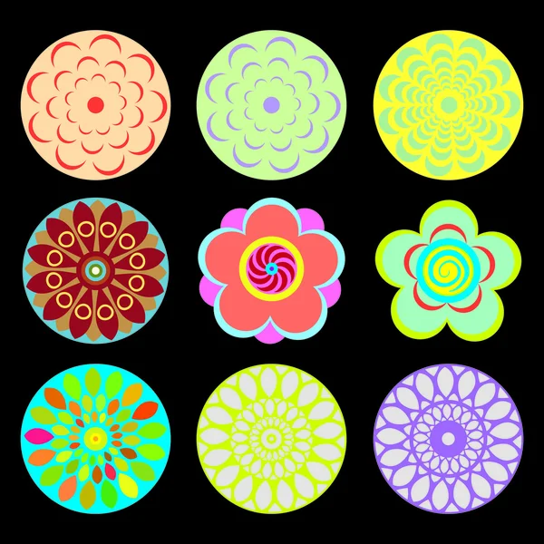 Sieraad ronde bloem set zoals mandala. Geometrische cirkel floral Ornament ronde bloem instellen zoals mandala. Geometrische cirkel floral vectorelementen. Moderne, hedendaagse, etnische decoratieve bloemen ontwerpen. Oosterse Indiase, chinese stijl. — Stockvector