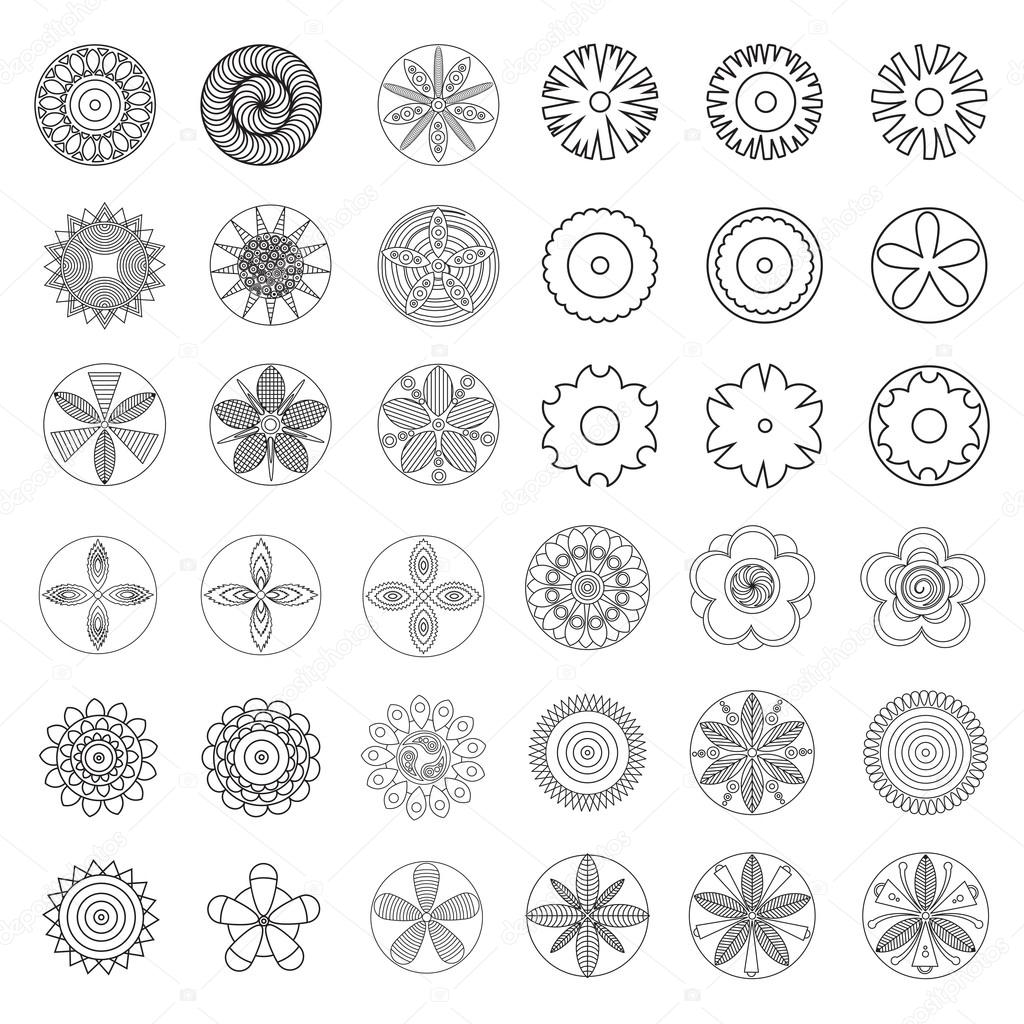 Flowers design element for coloring page book. Hipster geometrical circular flowers, floral design elements, set of isolated linear graphical logos, icons, flower objects.