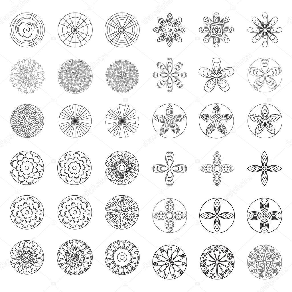 Flowers design element for coloring page book. Hipster geometrical circular flowers, floral design elements, set of isolated linear graphical logos, icons, flower objects.