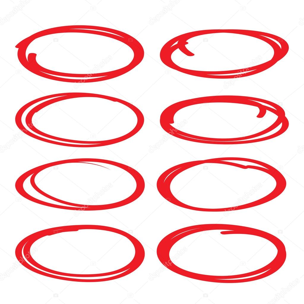 Highlighter elements, red ovals set, collection of correction and hand draw oval.