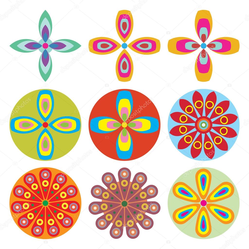 Ornament round flower set like mandala. Geometric circle floral vector elements. Modern, contemporary, ethnic ornamental floral designs. Oriental indian, chinese style.