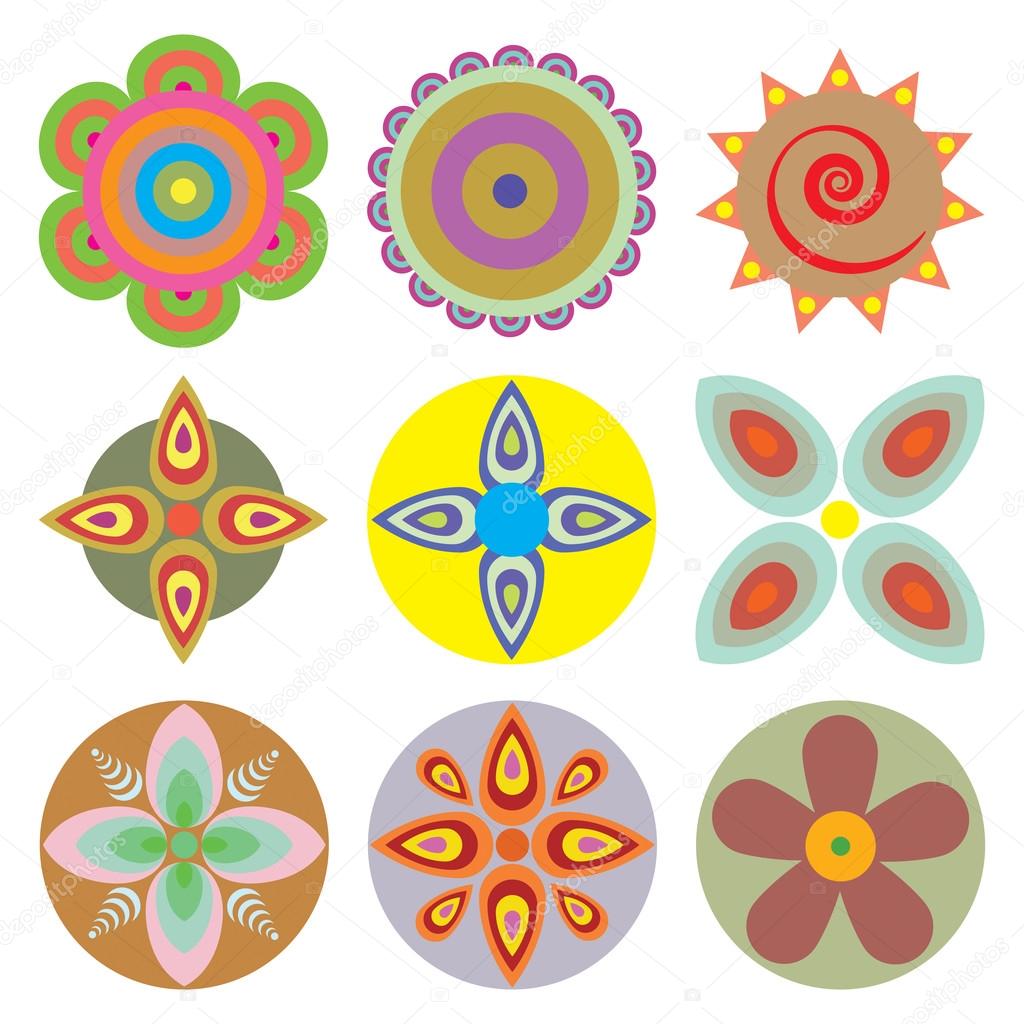 Ornament beautiful set of flowers like chakras for yoga. Geometric elements, hand drawn. Elements for spiritual compositions and patterns, small mandalas, kaleidoscope, medallion.