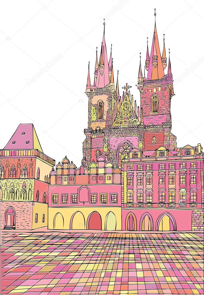 Prague town, Czech Republic. Church of Mother of God before Tyn, Old Town Square in European city, black & white vector sketch hand drawn collection. Famous, tourists & travel, popular historic city attraction, street and routes. Tourism concept.