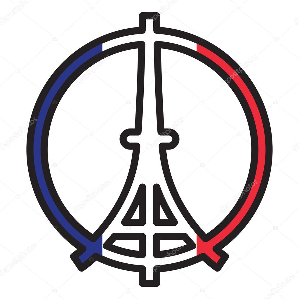 Peace logo of Eiffel tower silhouette on the national flag of France. Tricolour flag background for Pray for Paris emblem vector illustration.