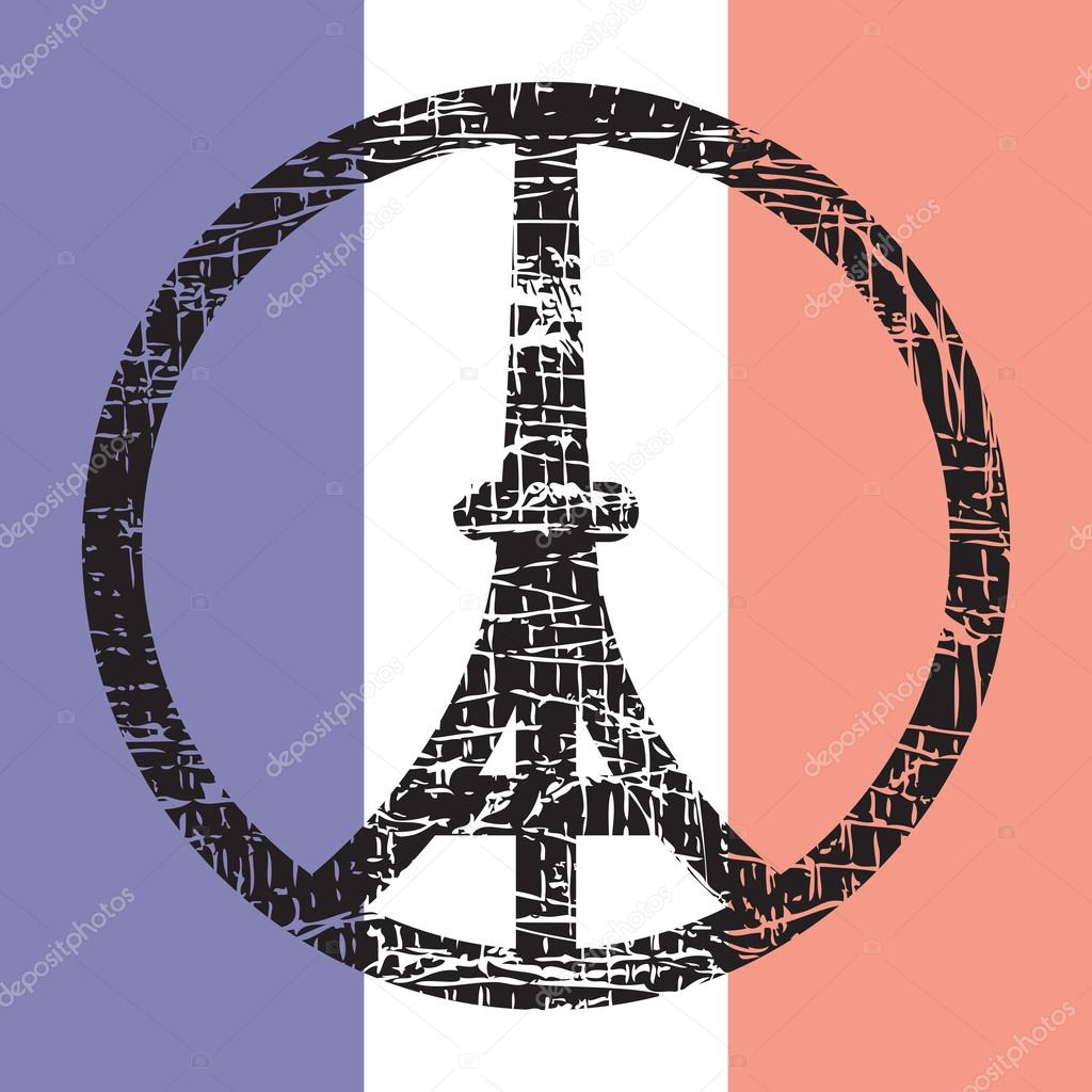 Tricolour flag background. Peace logo of Eiffel tower silhouette on the national flag of France.