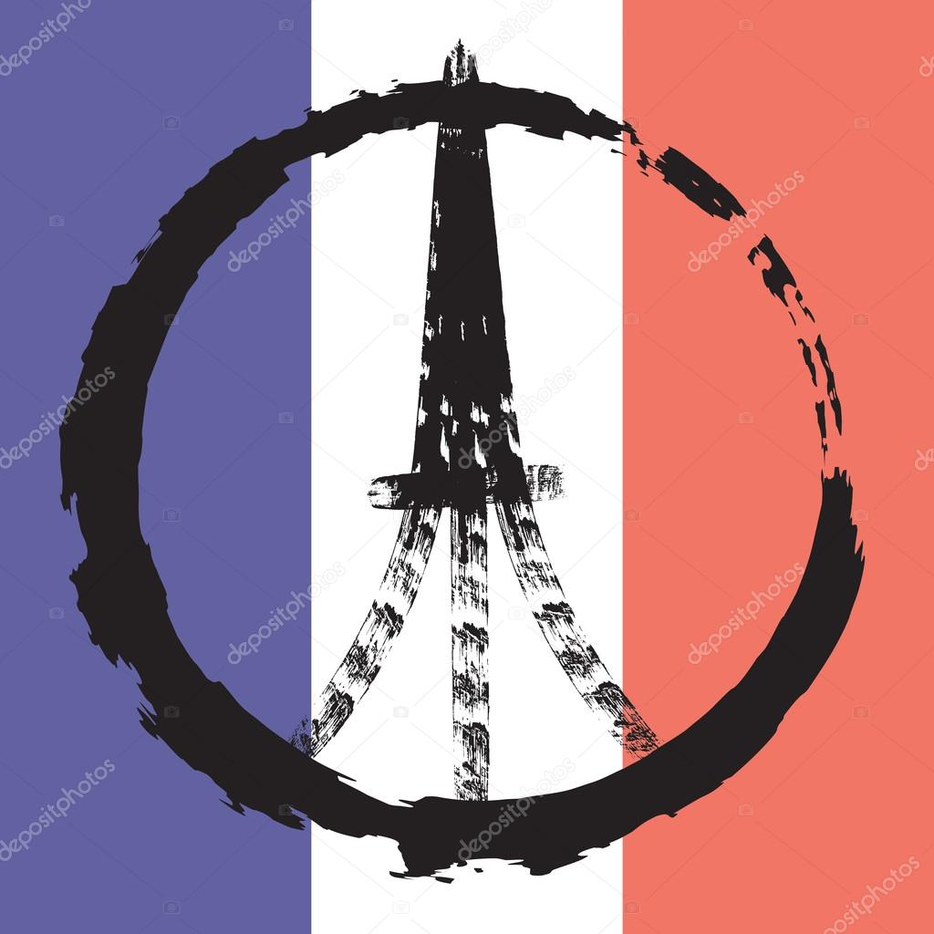 World famous landmark symbol of France on French tricolour flag background. Paris, France