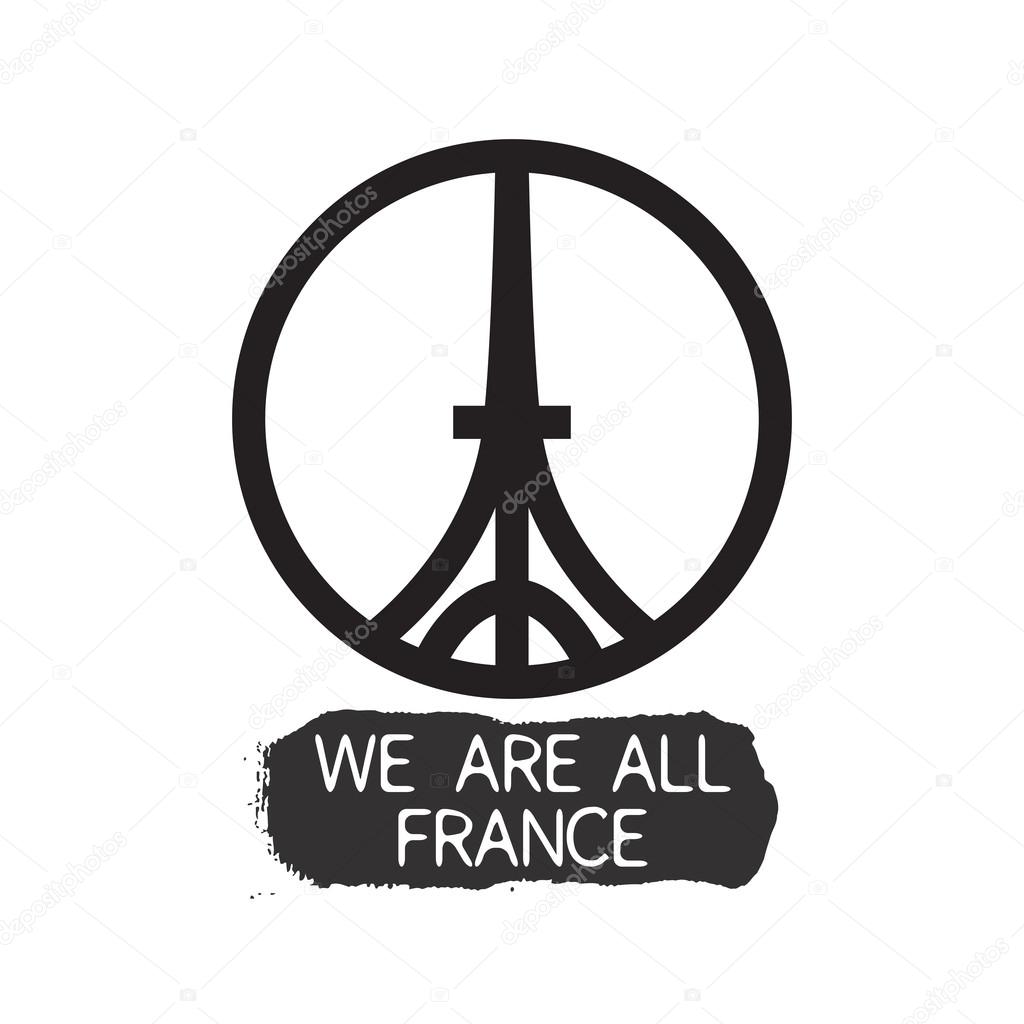 We are all France slogan for travel agency brand with logo of Eiffel tower isolated on a white background. Tourist concept of the famous area in France.