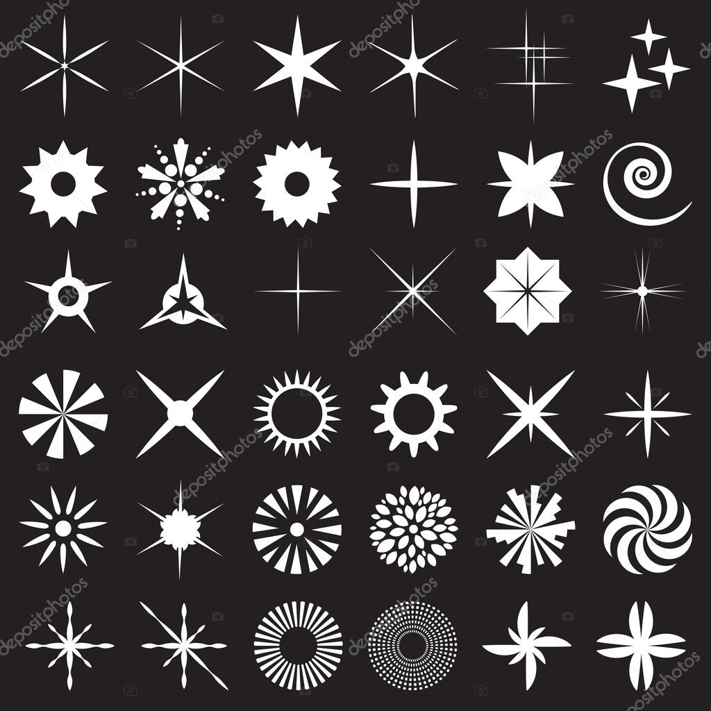 Large sparkles vector set of 36. Stars icons with rays for explosion, fireworks Light effects on glass, water or camera lens. Magic flash.