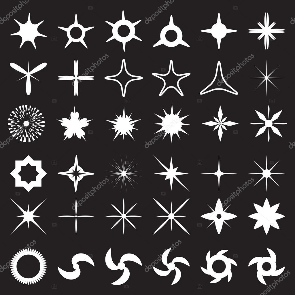 Large sparkles vector set of 36. Stars icons with rays for explosion, fireworks Light effects on glass, water or camera lens. Magic flash.