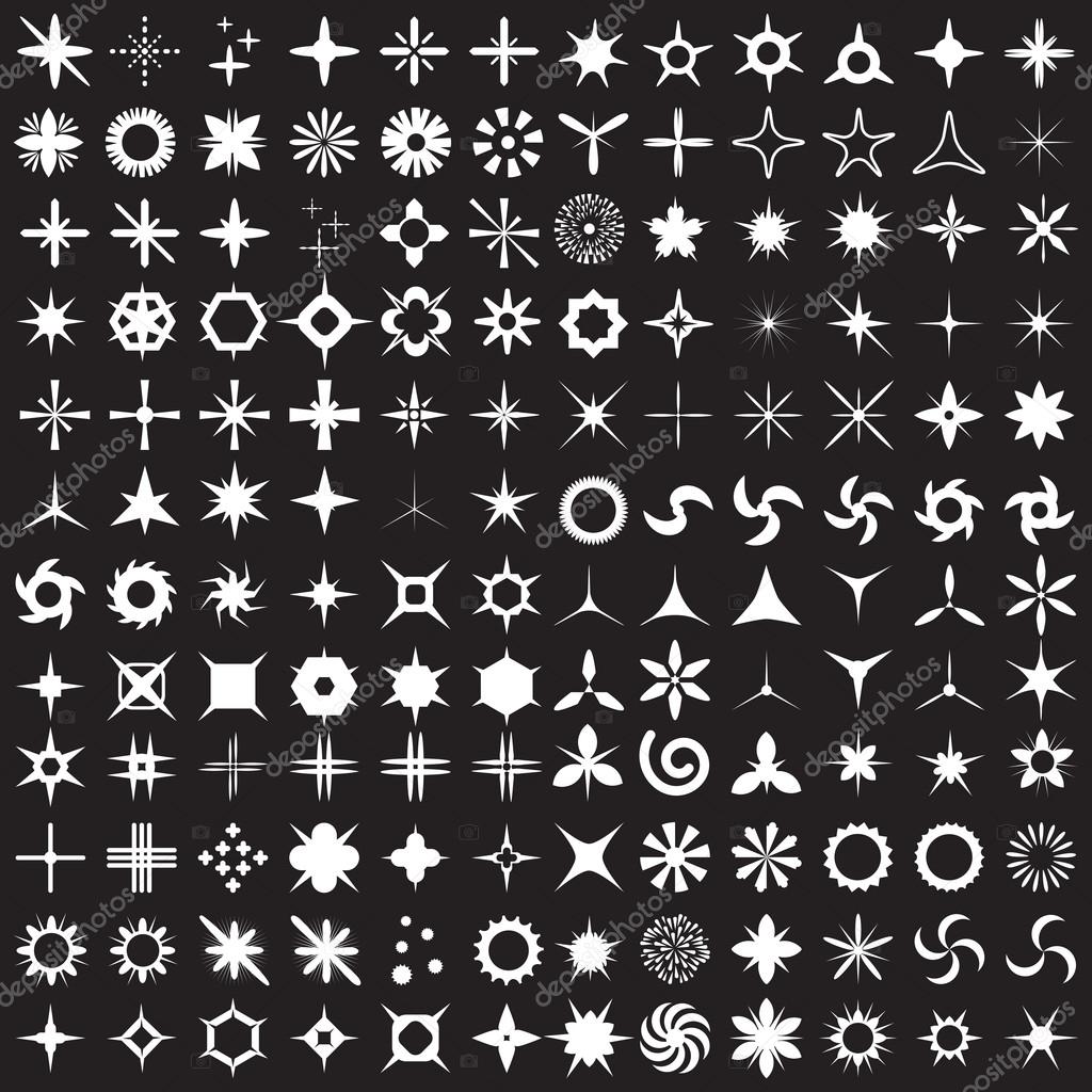 Super Set of vector sparkles icons. Star elements, camera lens light, bright stars bursts and light effect from water or glass collection. More than hundred handmade elements.