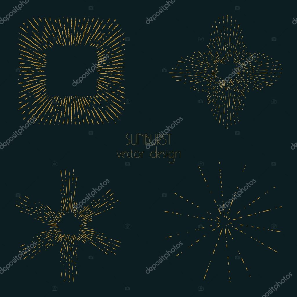 Collection of trendy hand drawn retro sunburst in set of four. Bursting rays design elements in various shapes. Sun ray frames vector design.