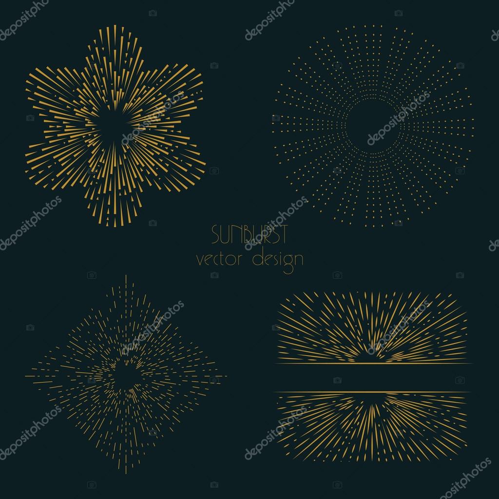 Collection of trendy hand drawn retro sunburst in set of four. Bursting rays design elements in various shapes. Sun ray frames vector design.