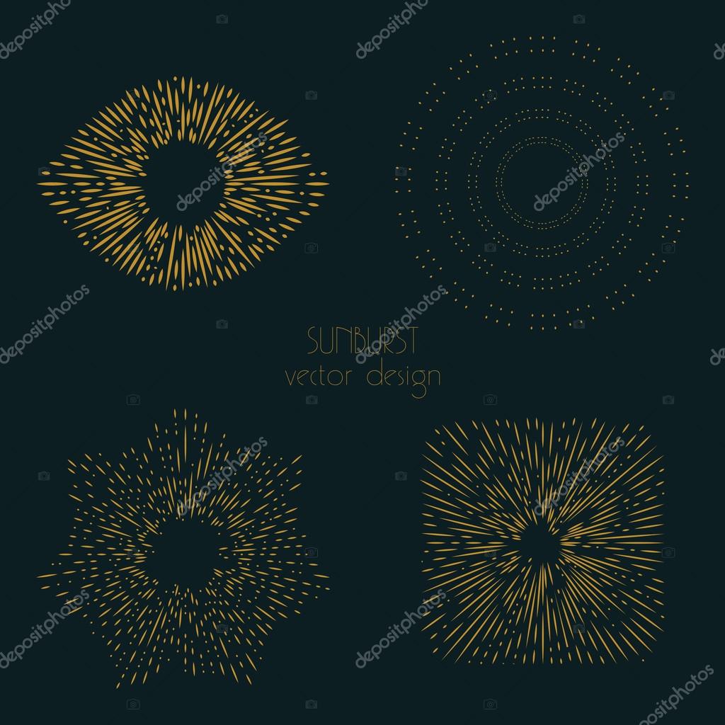 Collection of trendy hand drawn retro sunburst in set of four. Bursting rays design elements in various shapes. Sun ray frames vector design.