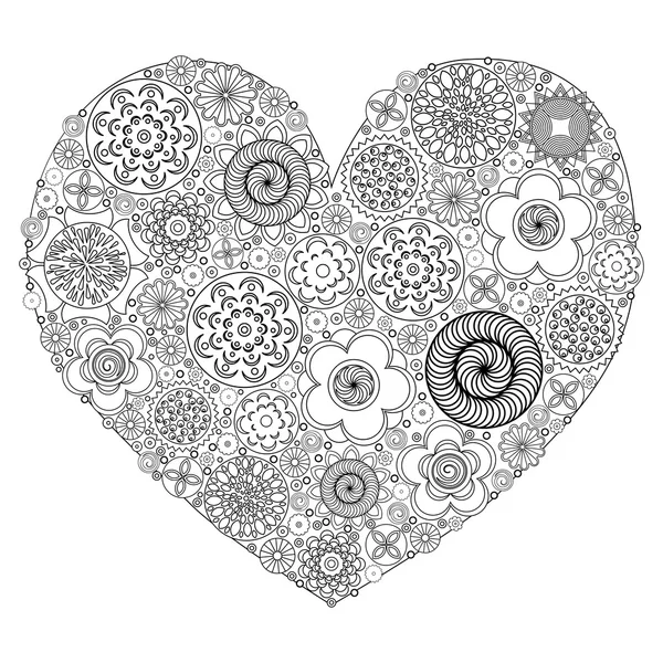 Patrón de forma de corazón para colorear libro. Imitación floral del dibujo a mano retro doodle. Fondo blanco y negro de zentangle. Página de libro para colorear para adultos . — Vector de stock