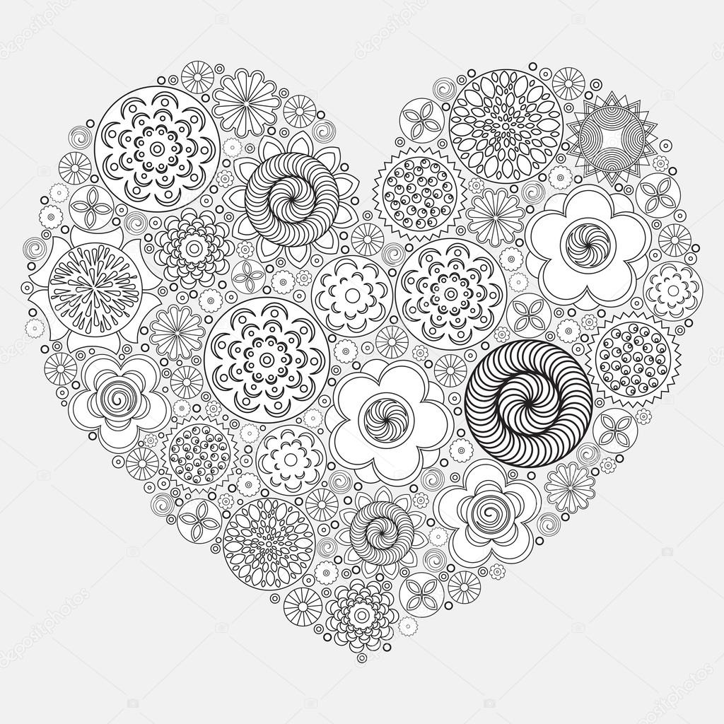 Heart shape pattern for coloring book.  Floral imitation of retro doodle hand drawing. Black and white background of  zentangle. Coloring book page for adult.